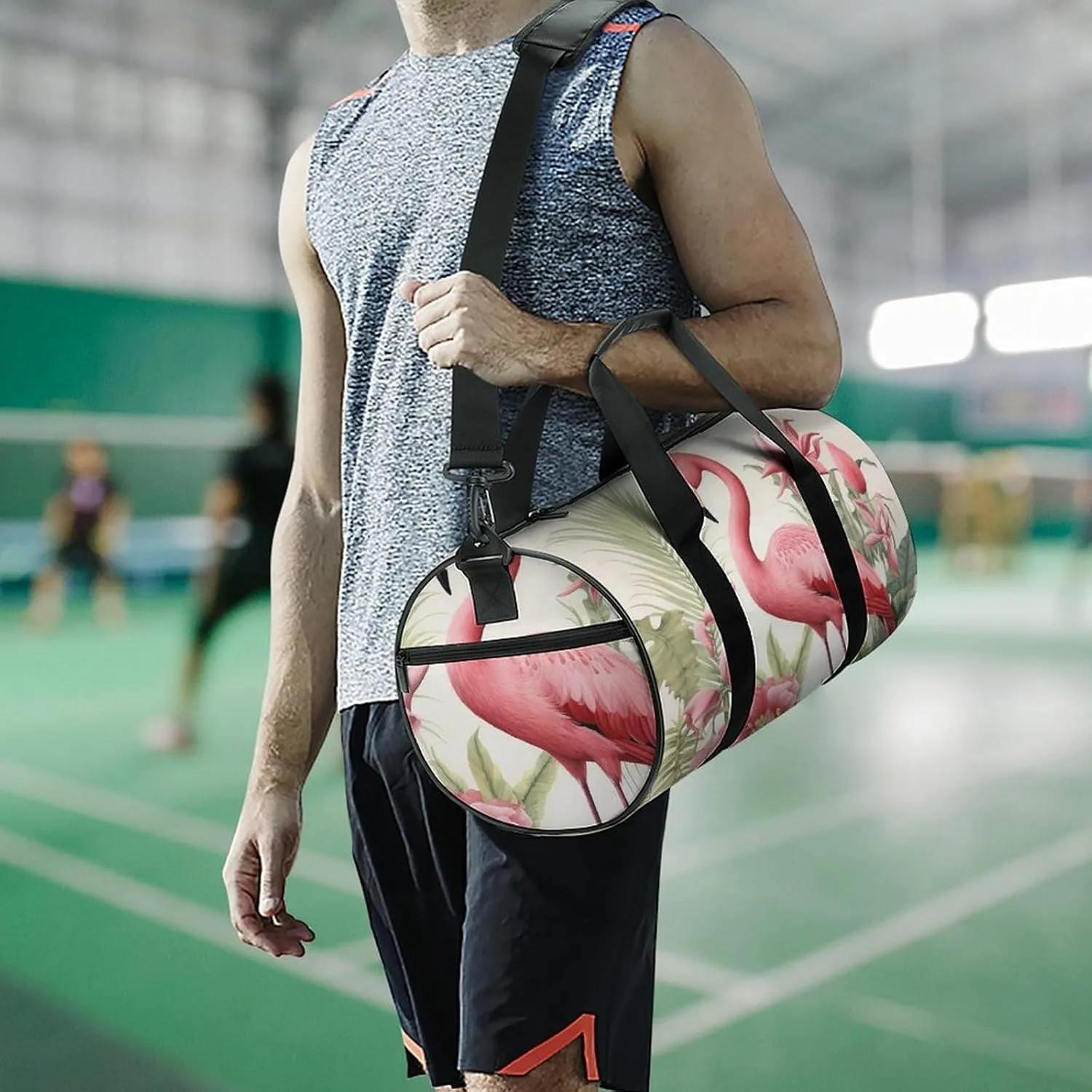 Sports Gym Bag for Women Men Travel Duffel Bag Tote Weekender Bag Flamingo And Leaves Carry on Overnight Bag for Travel Swimming Fitness Workout Sports Duffle Bag