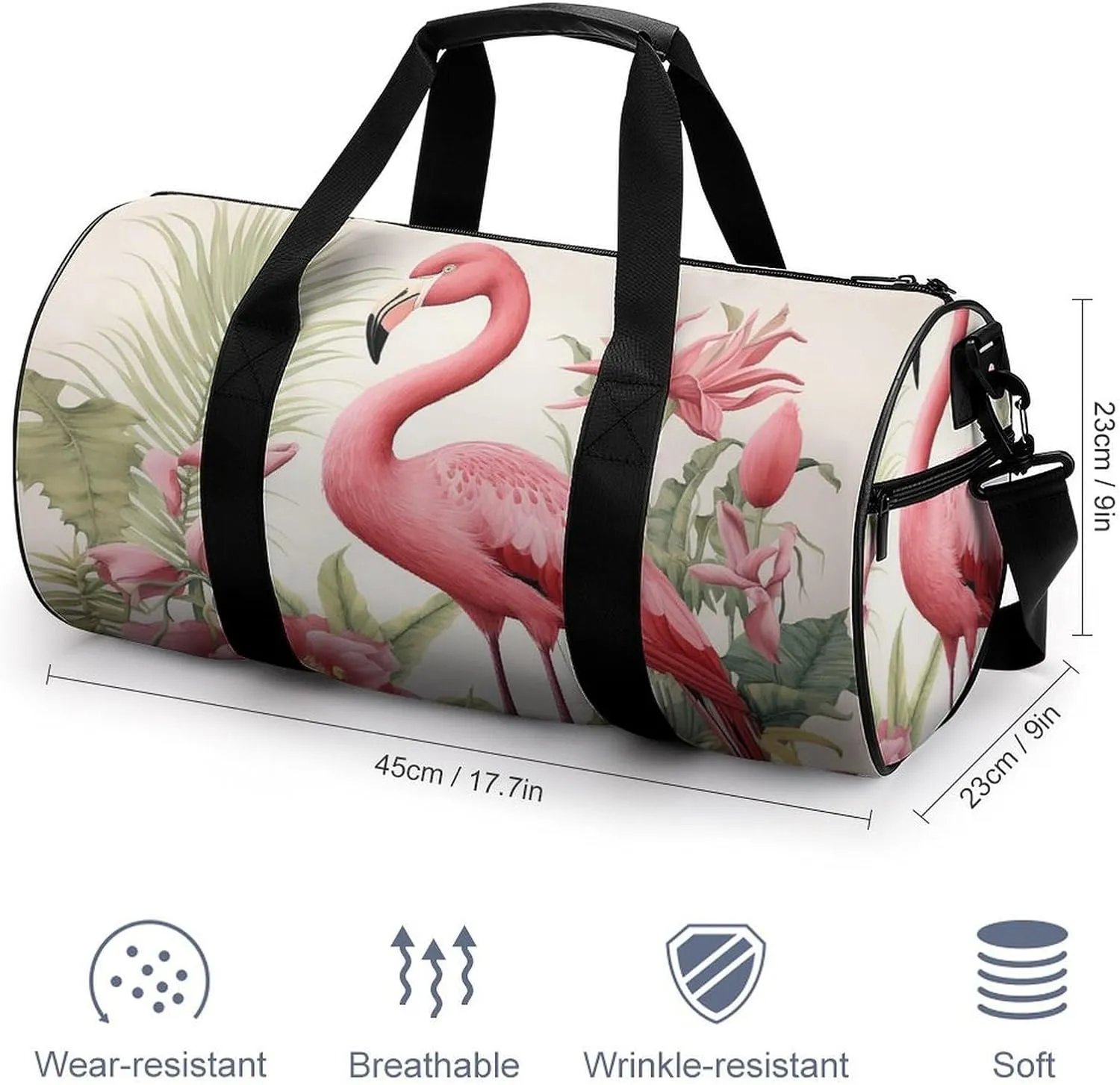 Sports Gym Bag for Women Men Travel Duffel Bag Tote Weekender Bag Flamingo And Leaves Carry on Overnight Bag for Travel Swimming Fitness Workout Sports Duffle Bag