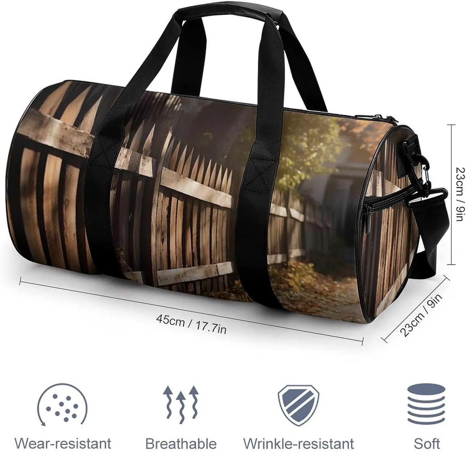 Sports Gym Bag for Women Men Travel Duffel Bag Tote Weekender Bag Wood Fence Carry on Overnight Bag for Travel Swimming Fitness Workout Sports Duffle Bag