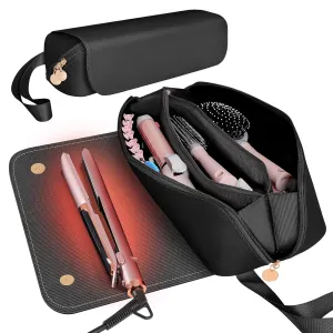 SS Hair Tools Travel Bag and Heat Resistant Mat for Hot Tools, Leather Curling Iron Travel Case for Hair Tools, Portable Travel Essentials for Women, Black