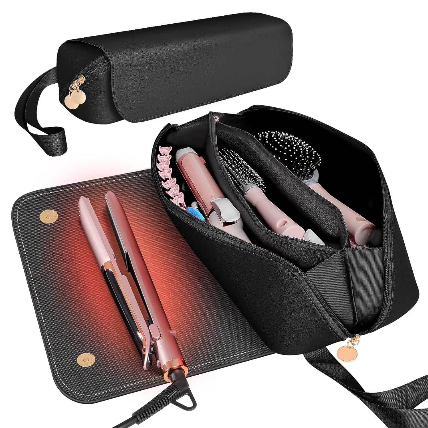 SS Hair Tools Travel Bag and Heat Resistant Mat for Hot Tools, Leather Curling Iron Travel Case for Hair Tools, Portable Travel Essentials for Women, Black