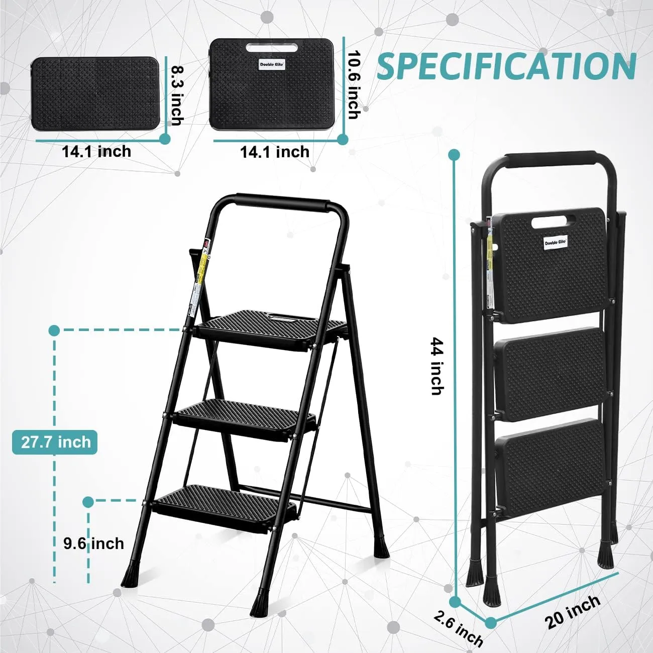 Step Ladder 3 Step Folding with Handgrip, 500Lbs Steel Step Stool, Folding Ladder with Anti-Slip Wide Pedals, Portable Kitchen/Closet Small Step Ladder, Multi-use Step Stool Black by Double Elite