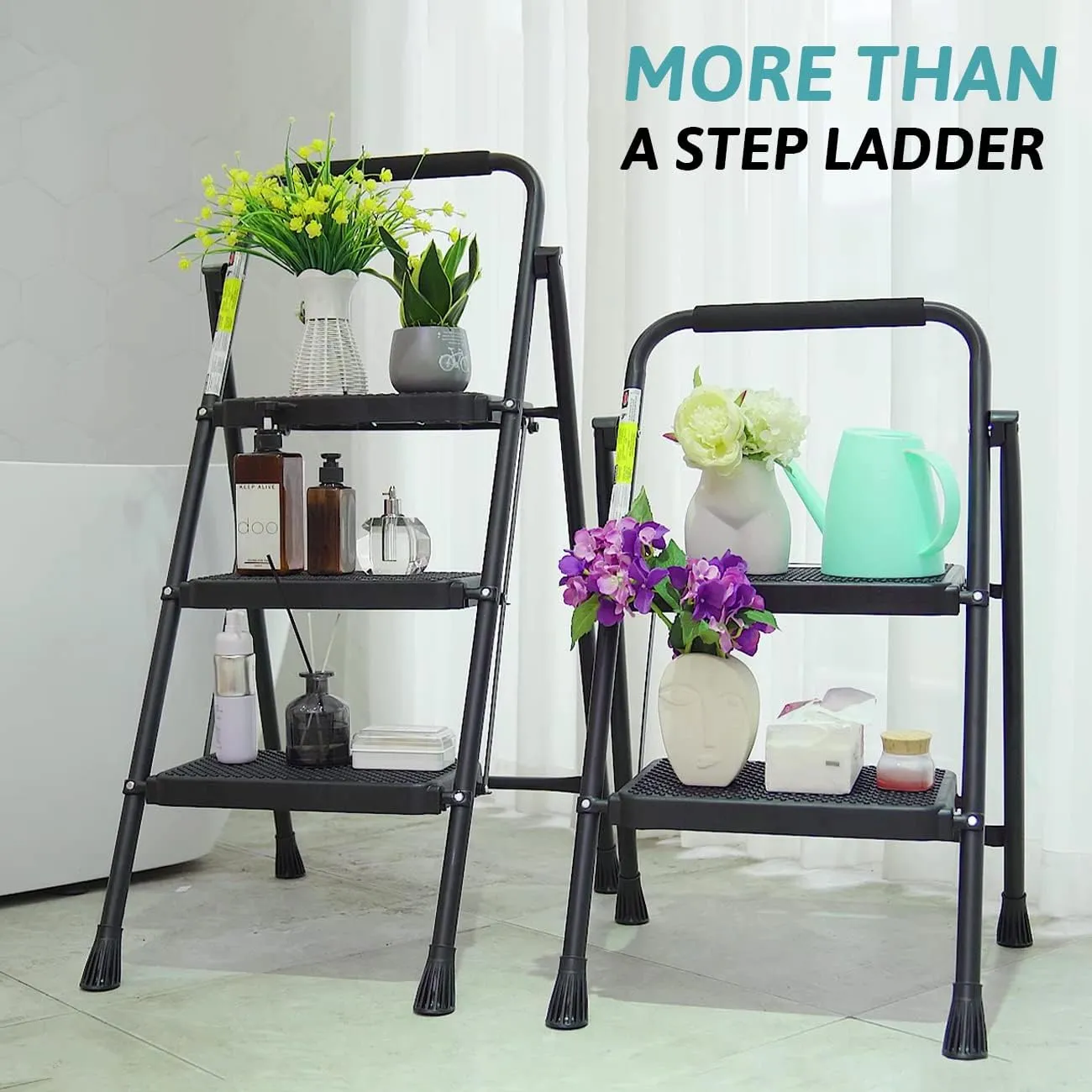 Step Ladder 3 Step Folding with Handgrip, 500Lbs Steel Step Stool, Folding Ladder with Anti-Slip Wide Pedals, Portable Kitchen/Closet Small Step Ladder, Multi-use Step Stool Black by Double Elite