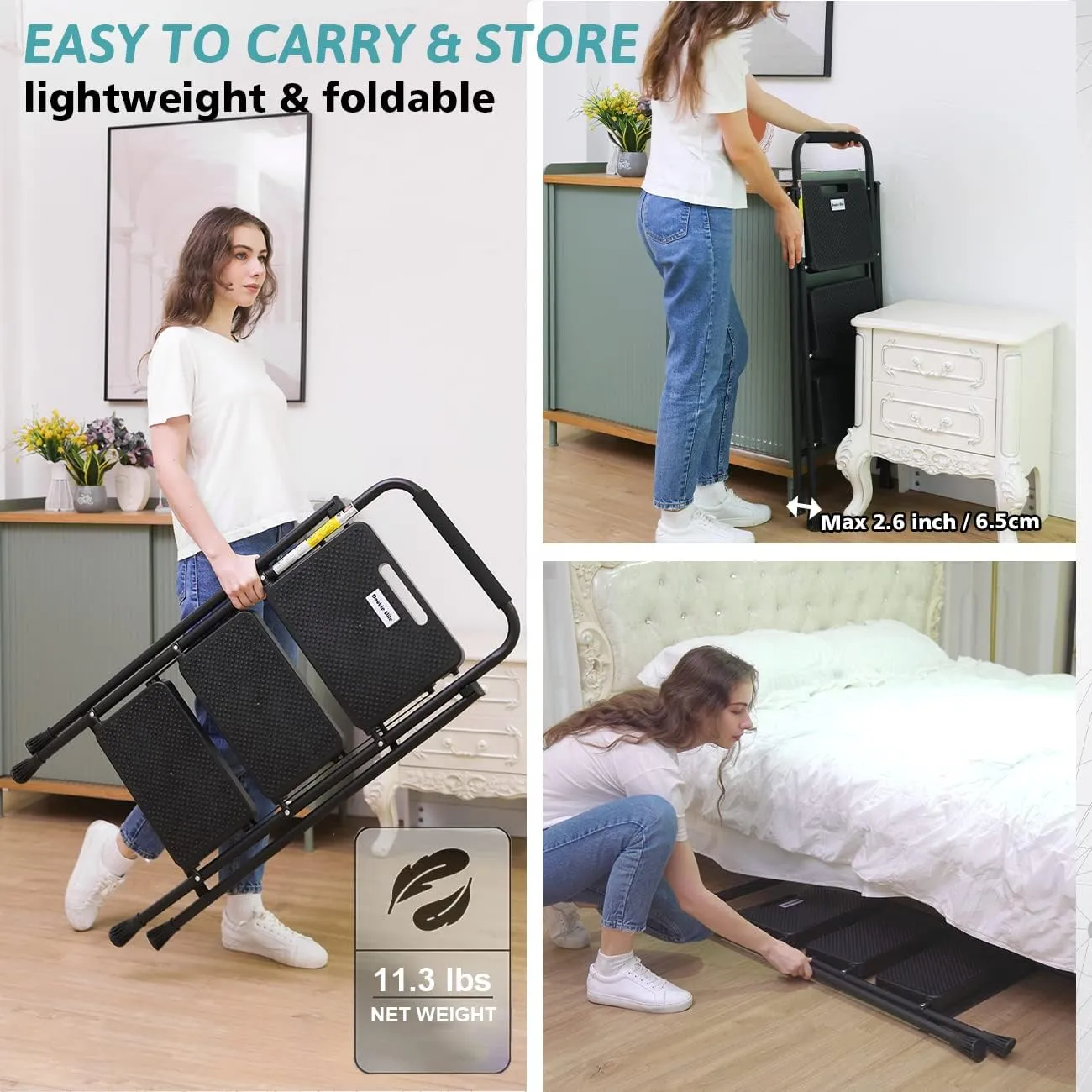 Step Ladder 3 Step Folding with Handgrip, 500Lbs Steel Step Stool, Folding Ladder with Anti-Slip Wide Pedals, Portable Kitchen/Closet Small Step Ladder, Multi-use Step Stool Black by Double Elite