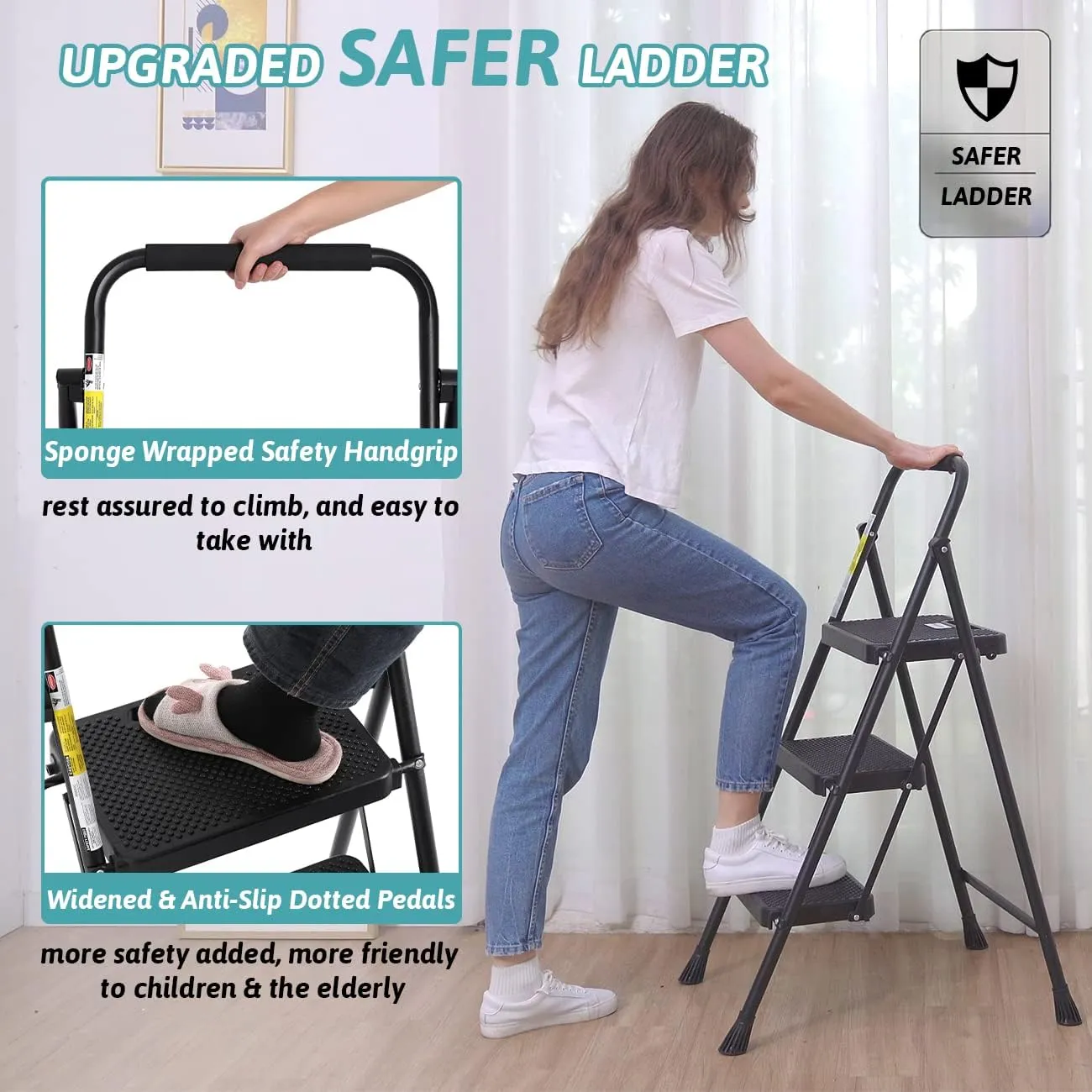 Step Ladder 3 Step Folding with Handgrip, 500Lbs Steel Step Stool, Folding Ladder with Anti-Slip Wide Pedals, Portable Kitchen/Closet Small Step Ladder, Multi-use Step Stool Black by Double Elite