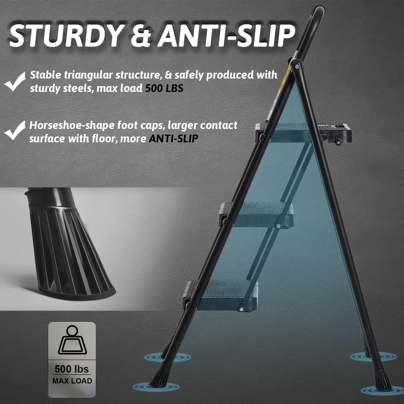 Step Ladder 3 Step Folding with Handgrip, 500Lbs Steel Step Stool, Folding Ladder with Anti-Slip Wide Pedals, Portable Kitchen/Closet Small Step Ladder, Multi-use Step Stool Black by Double Elite
