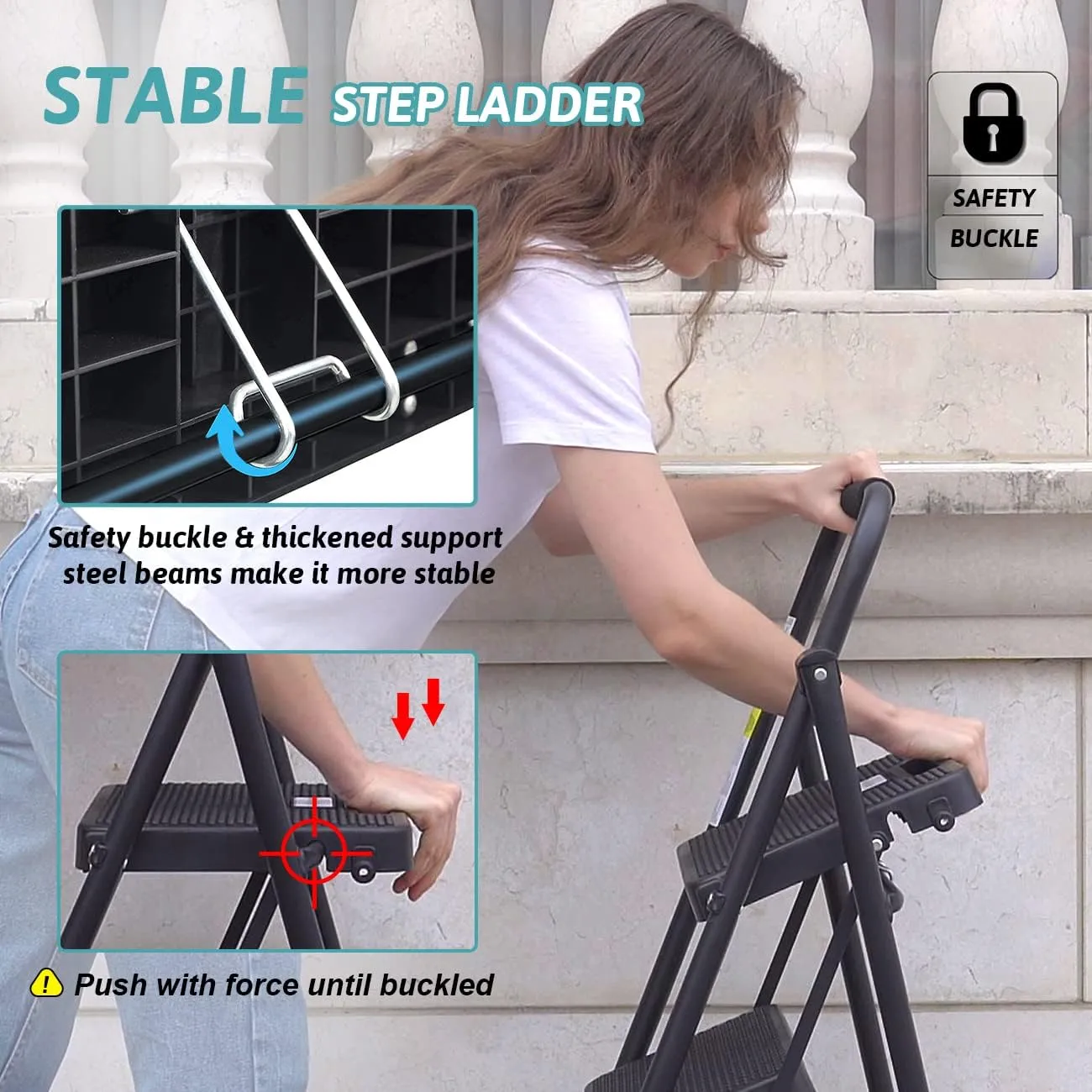 Step Ladder 3 Step Folding with Handgrip, 500Lbs Steel Step Stool, Folding Ladder with Anti-Slip Wide Pedals, Portable Kitchen/Closet Small Step Ladder, Multi-use Step Stool Black by Double Elite