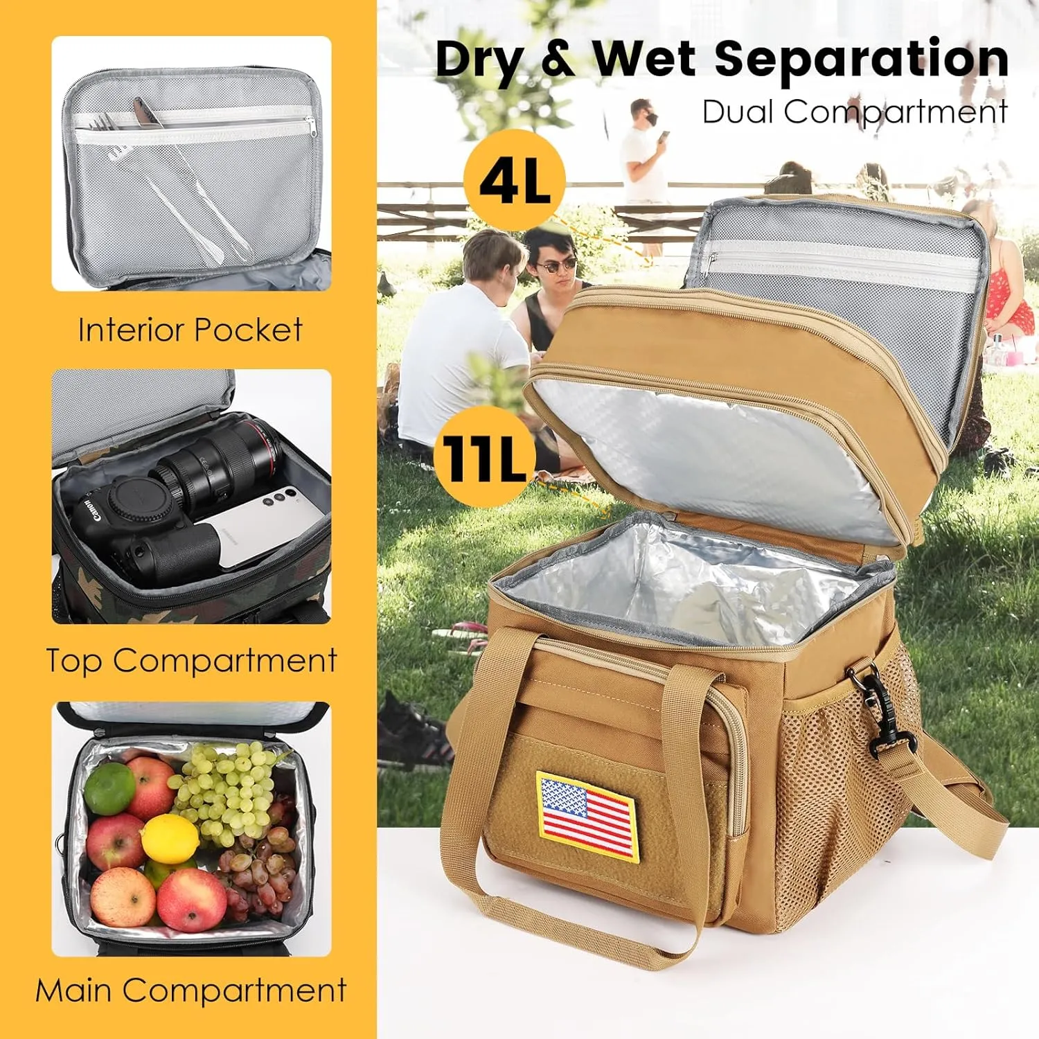 Tactical Lunch Box for Men, Expandable Insulated Lunch Bag, Heavy Duty Lunchbox with Shoulder Strap, Leakproof Cooler Bag for Work Outdoor Picnic Trips, 20 Cans/15L, Brown