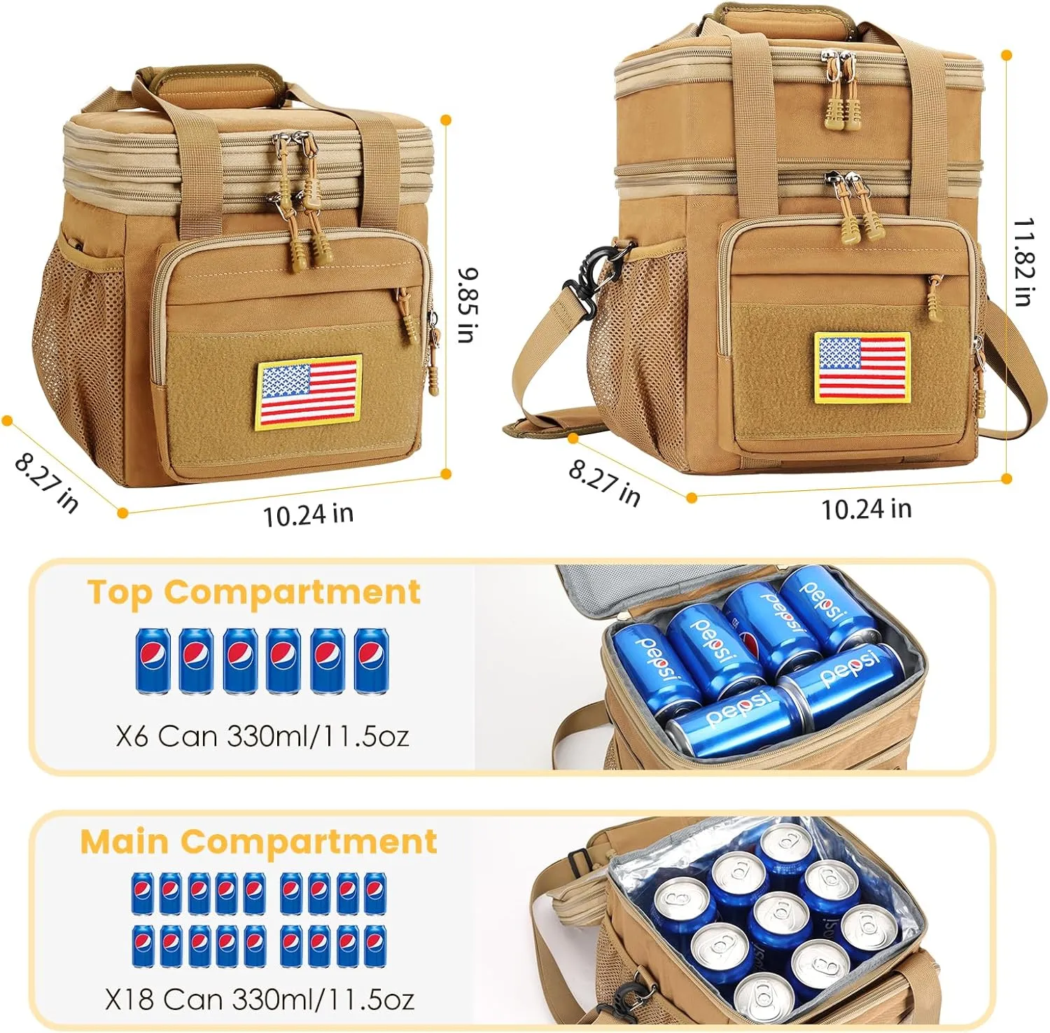 Tactical Lunch Box for Men, Expandable Insulated Lunch Bag, Heavy Duty Lunchbox with Shoulder Strap, Leakproof Cooler Bag for Work Outdoor Picnic Trips, 20 Cans/15L, Brown