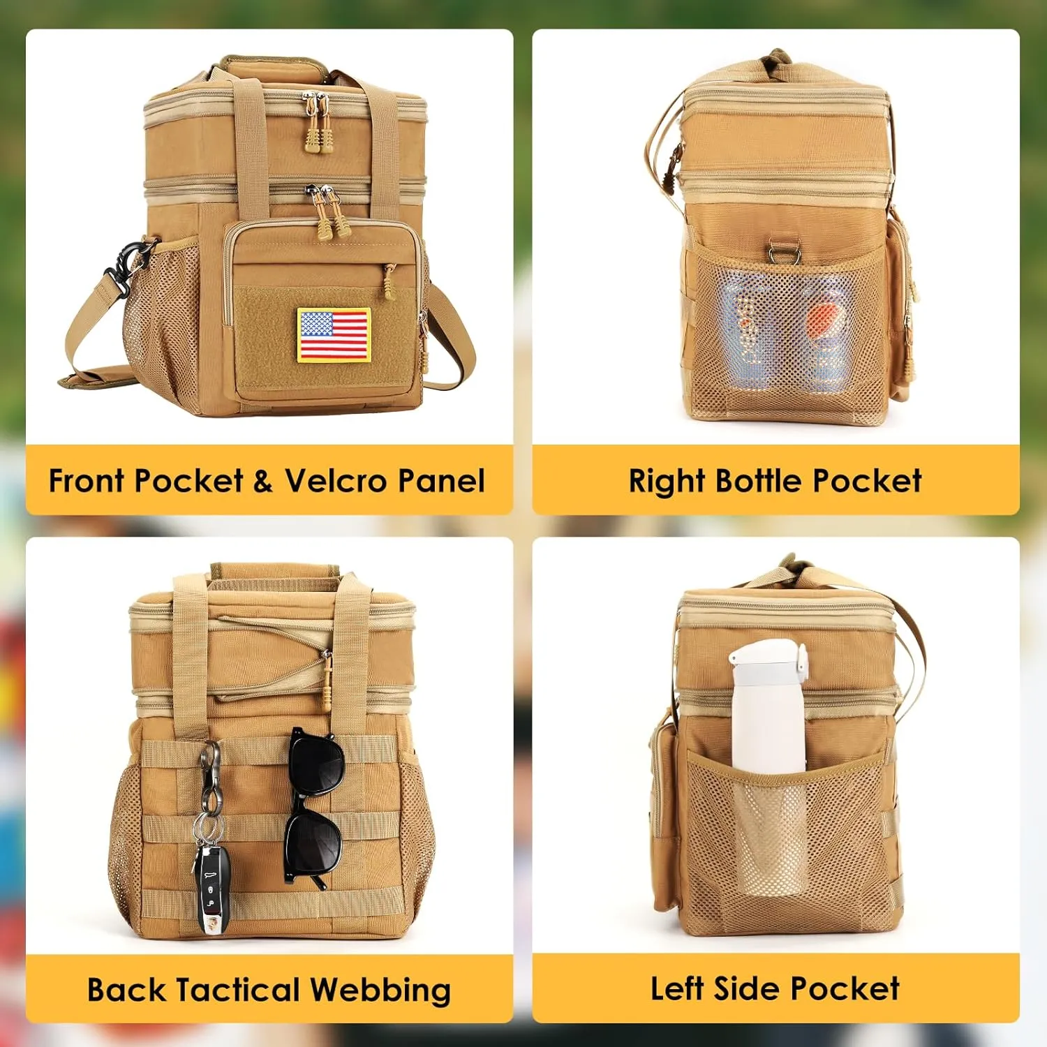 Tactical Lunch Box for Men, Expandable Insulated Lunch Bag, Heavy Duty Lunchbox with Shoulder Strap, Leakproof Cooler Bag for Work Outdoor Picnic Trips, 20 Cans/15L, Brown