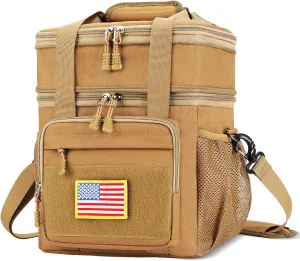 Tactical Lunch Box for Men, Expandable Insulated Lunch Bag, Heavy Duty Lunchbox with Shoulder Strap, Leakproof Cooler Bag for Work Outdoor Picnic Trips, 20 Cans/15L, Brown
