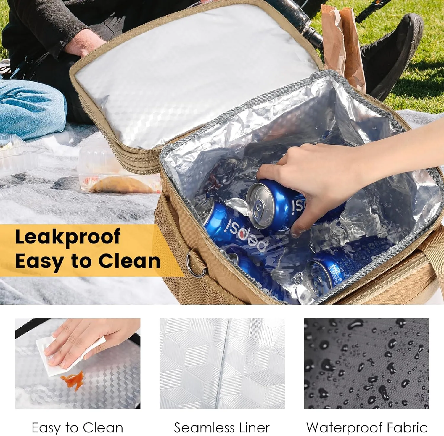 Tactical Lunch Box for Men, Expandable Insulated Lunch Bag, Heavy Duty Lunchbox with Shoulder Strap, Leakproof Cooler Bag for Work Outdoor Picnic Trips, 20 Cans/15L, Brown