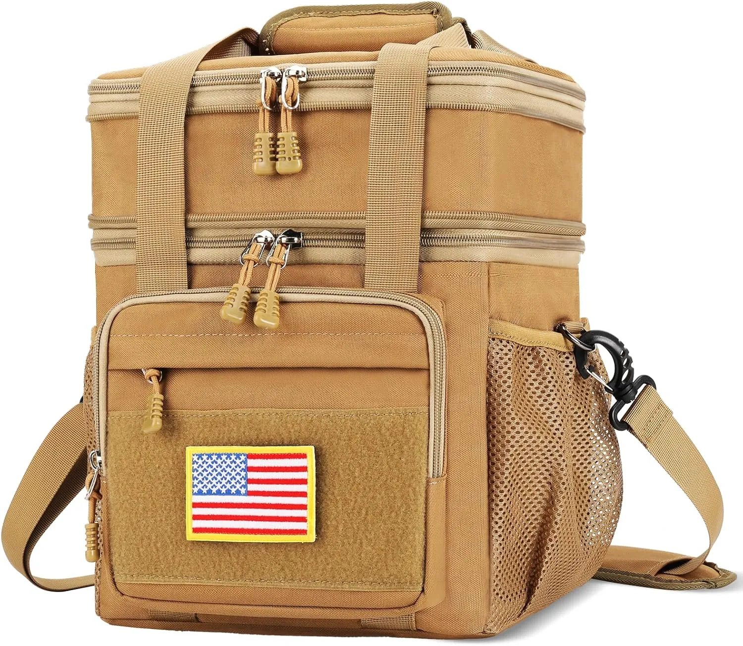 Tactical Lunch Box for Men, Expandable Insulated Lunch Bag, Heavy Duty Lunchbox with Shoulder Strap, Leakproof Cooler Bag for Work Outdoor Picnic Trips, 20 Cans/15L, Brown