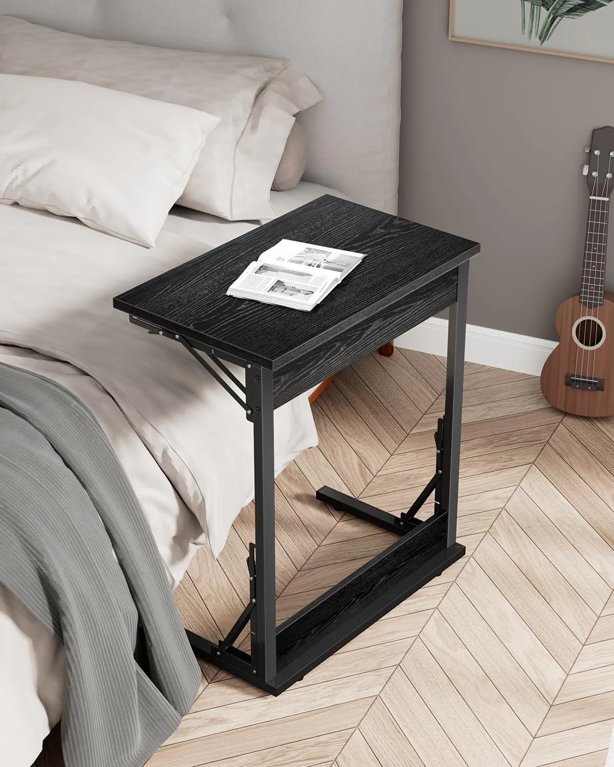 Tatub Folding TV Tray Table Set of 2, 24" Wide C-Shaped End Table for Couches, Small Sofa-Side Laptop Desk with Metal Frame for Living Room, Bedroom, Dark Black