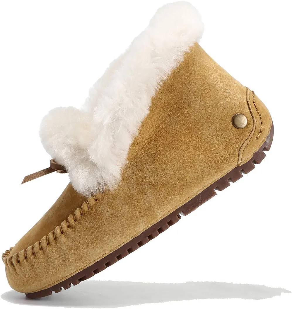 U-lite Women's Moccasin Slippers with Warm Wool Lining, Pigskin Leather Non-Slip Rubber Sole for Indoor and Outdoor Casual Winter Flat Shoes