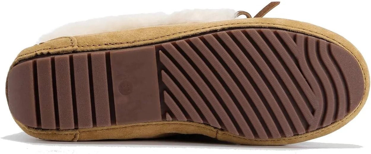 U-lite Women's Moccasin Slippers with Warm Wool Lining, Pigskin Leather Non-Slip Rubber Sole for Indoor and Outdoor Casual Winter Flat Shoes