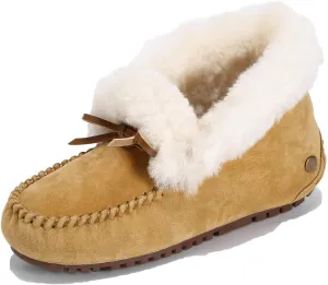 U-lite Women's Moccasin Slippers with Warm Wool Lining, Pigskin Leather Non-Slip Rubber Sole for Indoor and Outdoor Casual Winter Flat Shoes