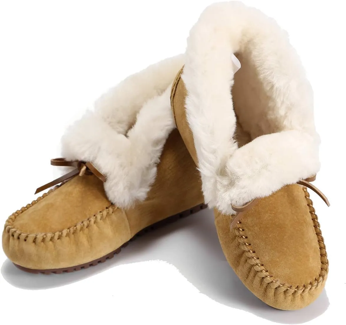 U-lite Women's Moccasin Slippers with Warm Wool Lining, Pigskin Leather Non-Slip Rubber Sole for Indoor and Outdoor Casual Winter Flat Shoes