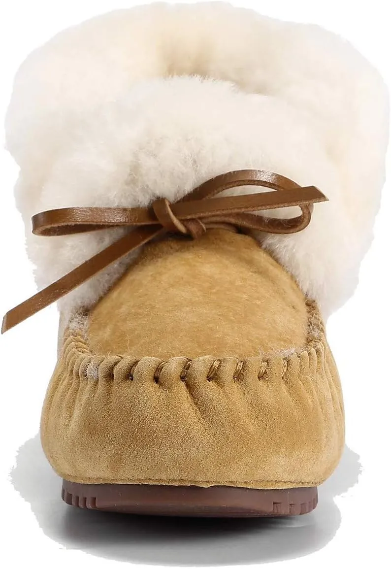 U-lite Women's Moccasin Slippers with Warm Wool Lining, Pigskin Leather Non-Slip Rubber Sole for Indoor and Outdoor Casual Winter Flat Shoes