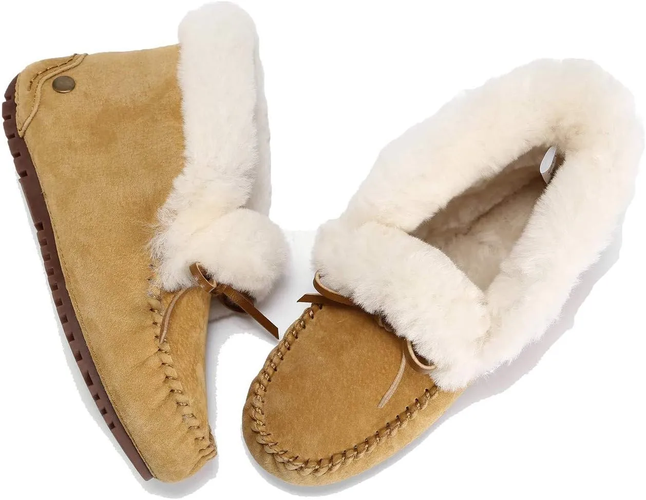 U-lite Women's Moccasin Slippers with Warm Wool Lining, Pigskin Leather Non-Slip Rubber Sole for Indoor and Outdoor Casual Winter Flat Shoes