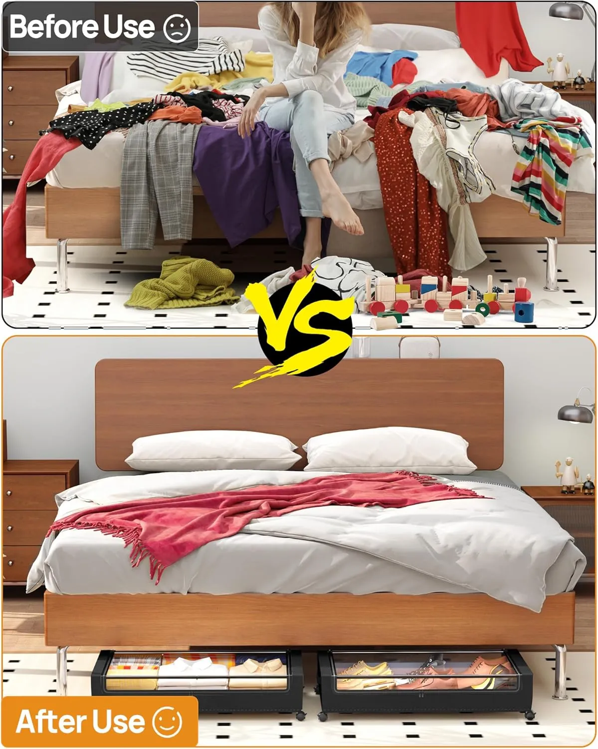 Under Bed Storage with Wheels, Square Under Bed Storage Containers, 4 Pack Under The Bed Storage Bins, 60L Under Bed Organizer with Clear Lids, Rolling Underbed Storage For Clothes, Shoes...