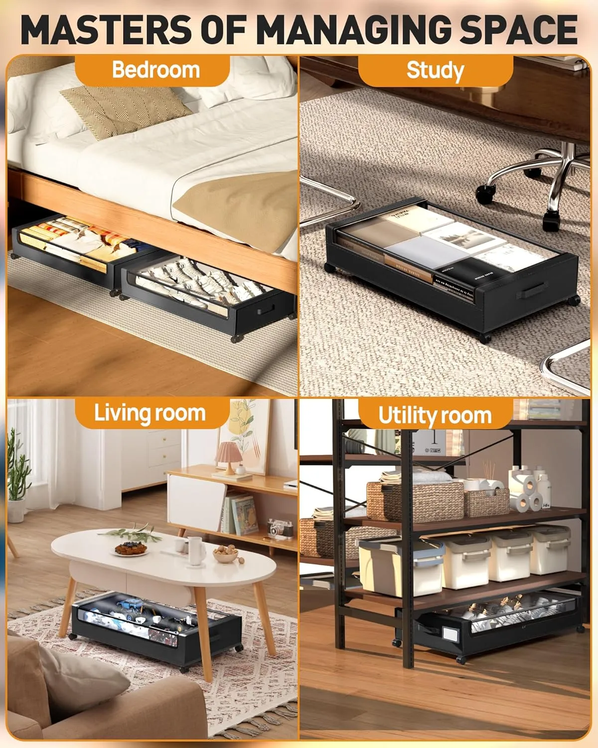 Under Bed Storage with Wheels, Square Under Bed Storage Containers, 4 Pack Under The Bed Storage Bins, 60L Under Bed Organizer with Clear Lids, Rolling Underbed Storage For Clothes, Shoes...