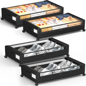 Under Bed Storage with Wheels, Square Under Bed Storage Containers, 4 Pack Under The Bed Storage Bins, 60L Under Bed Organizer with Clear Lids, Rolling Underbed Storage For Clothes, Shoes...