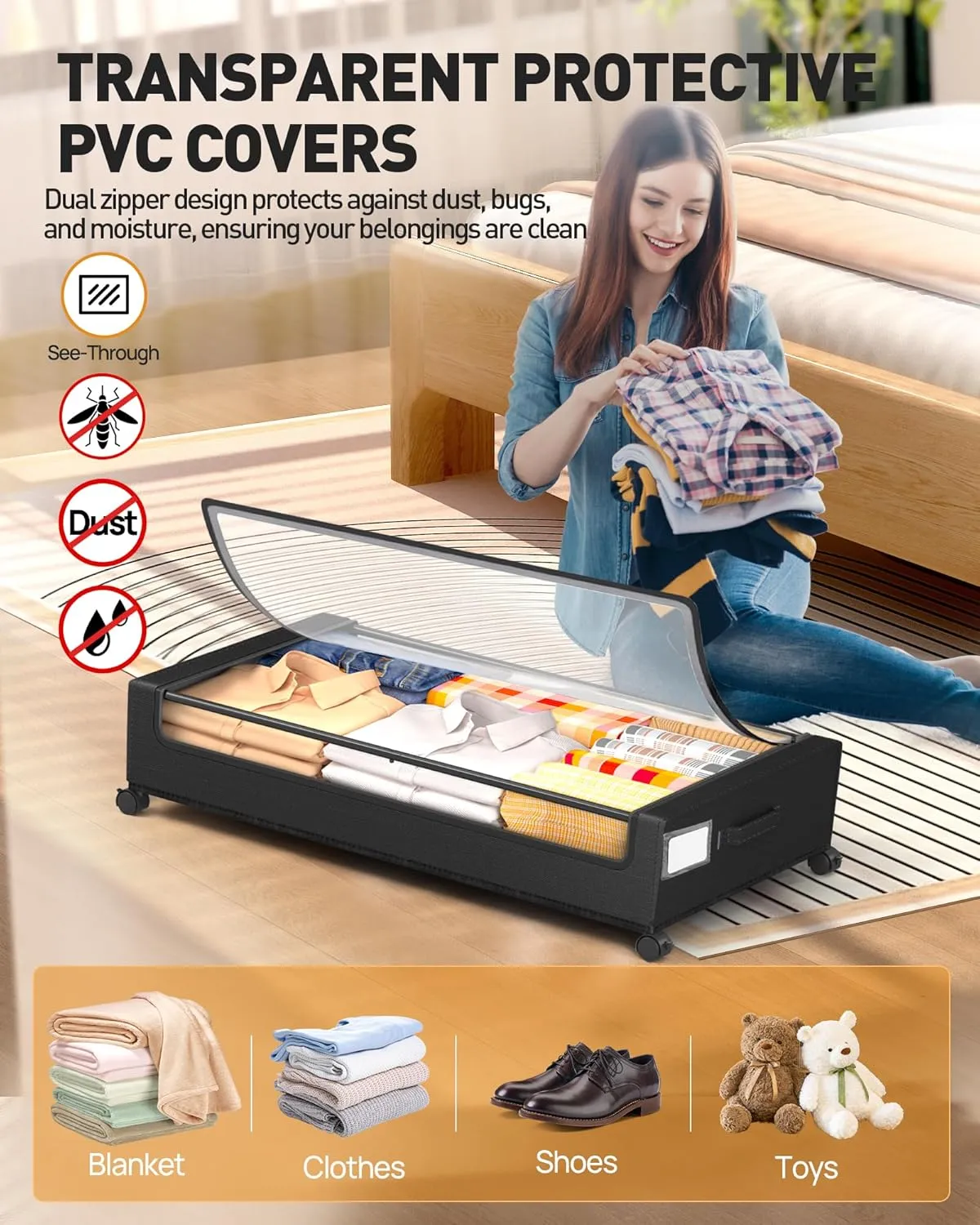 Under Bed Storage with Wheels, Square Under Bed Storage Containers, 4 Pack Under The Bed Storage Bins, 60L Under Bed Organizer with Clear Lids, Rolling Underbed Storage For Clothes, Shoes...