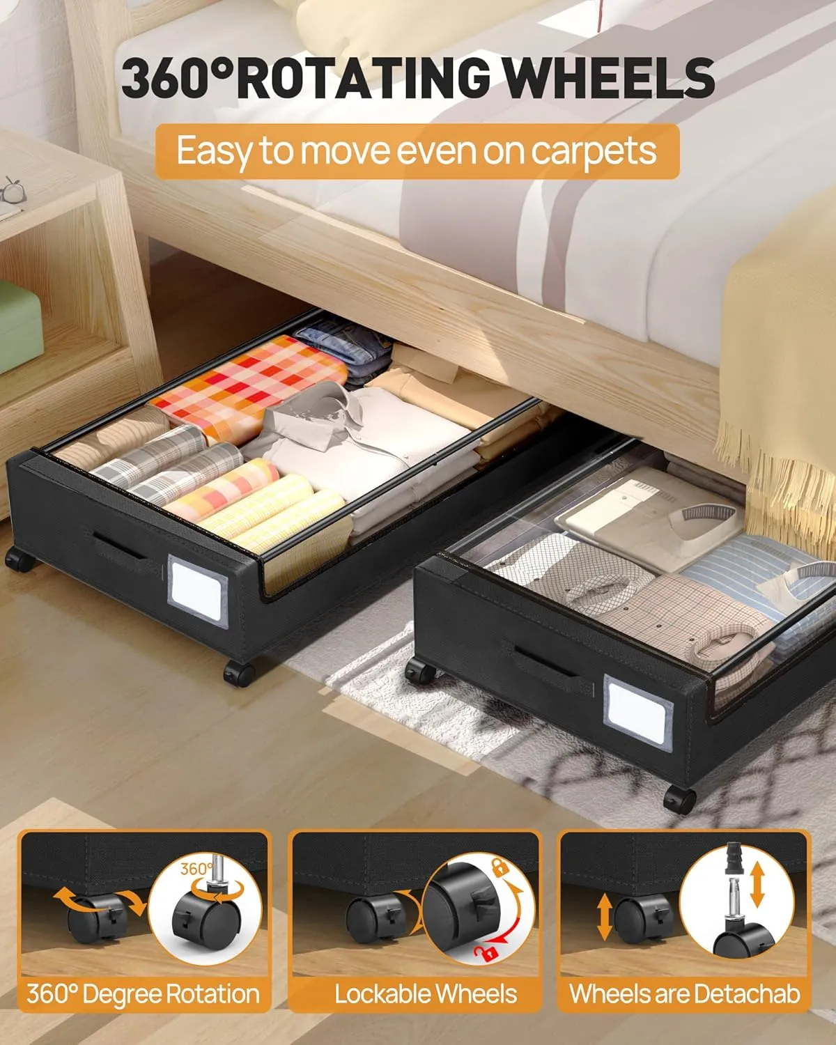 Under Bed Storage with Wheels, Square Under Bed Storage Containers, 4 Pack Under The Bed Storage Bins, 60L Under Bed Organizer with Clear Lids, Rolling Underbed Storage For Clothes, Shoes...