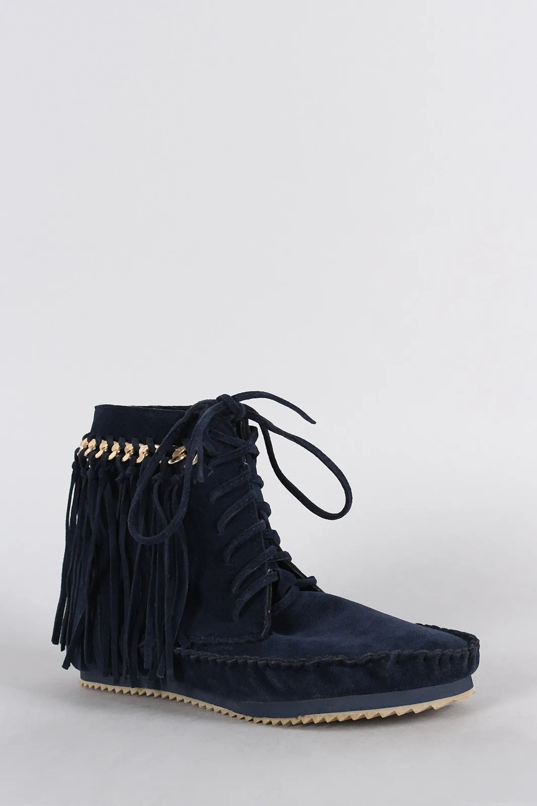 Up Best-in-class Flat Bamboo Efficient Fringe Suede Lace Booties Chain Link Moccasin