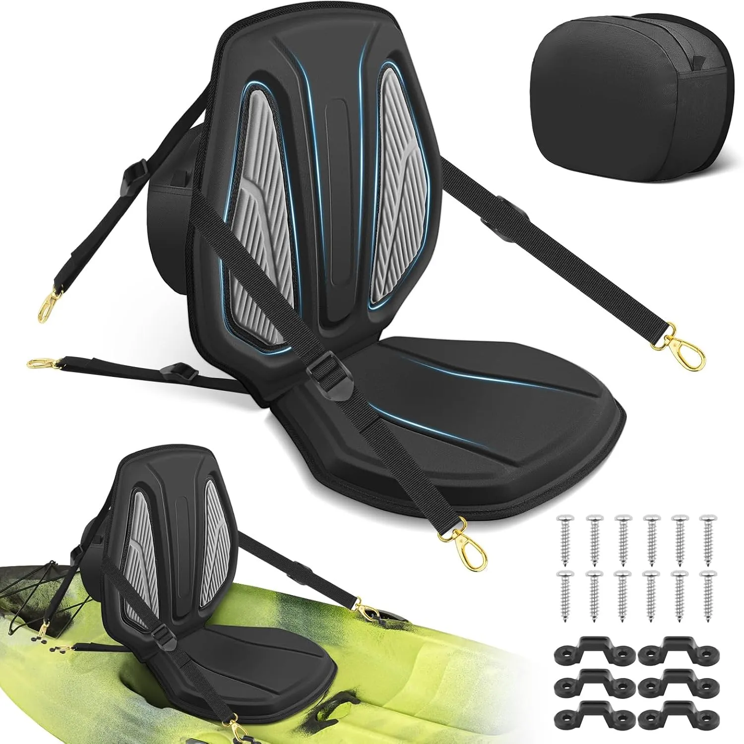 Vashly Kayak Seat with Back Support Universal Thicken Cushion Paddle Board Seat with Storage Bag for Sit-on-Top Kayak, Inflatable Kayaks, SUP, Tandem Kayaks (Strap Security: 6 Adjustable Straps)