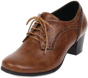 VOKLIN Women's Vintage Pump Oxfords Brogues Lace Up Wingtip Perforated Chunky Block Mid Heels Dress Shoes