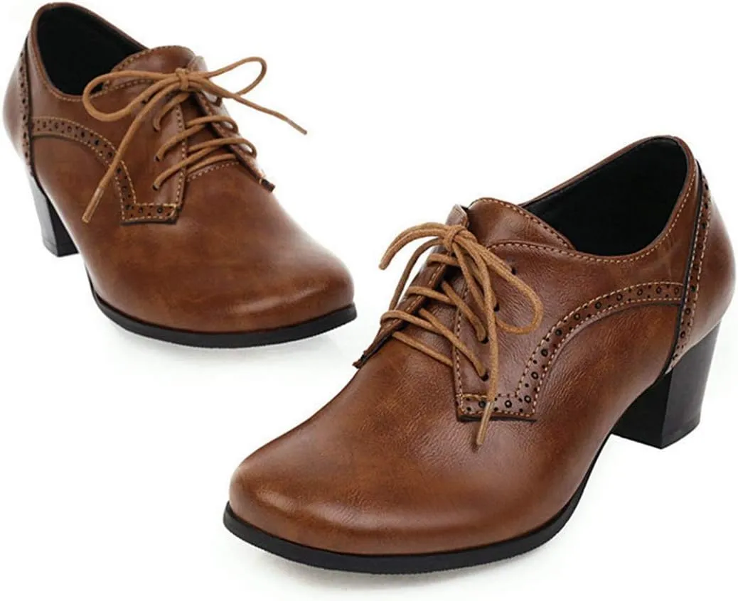 VOKLIN Women's Vintage Pump Oxfords Brogues Lace Up Wingtip Perforated Chunky Block Mid Heels Dress Shoes