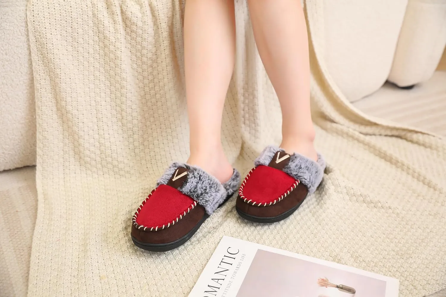 VONMAY Women's Memory Foam Slippers Moccasin Slip-on Scuff House Shoes Fuzzy Faux Fur Lining Indoor Outdoor for All Seasons