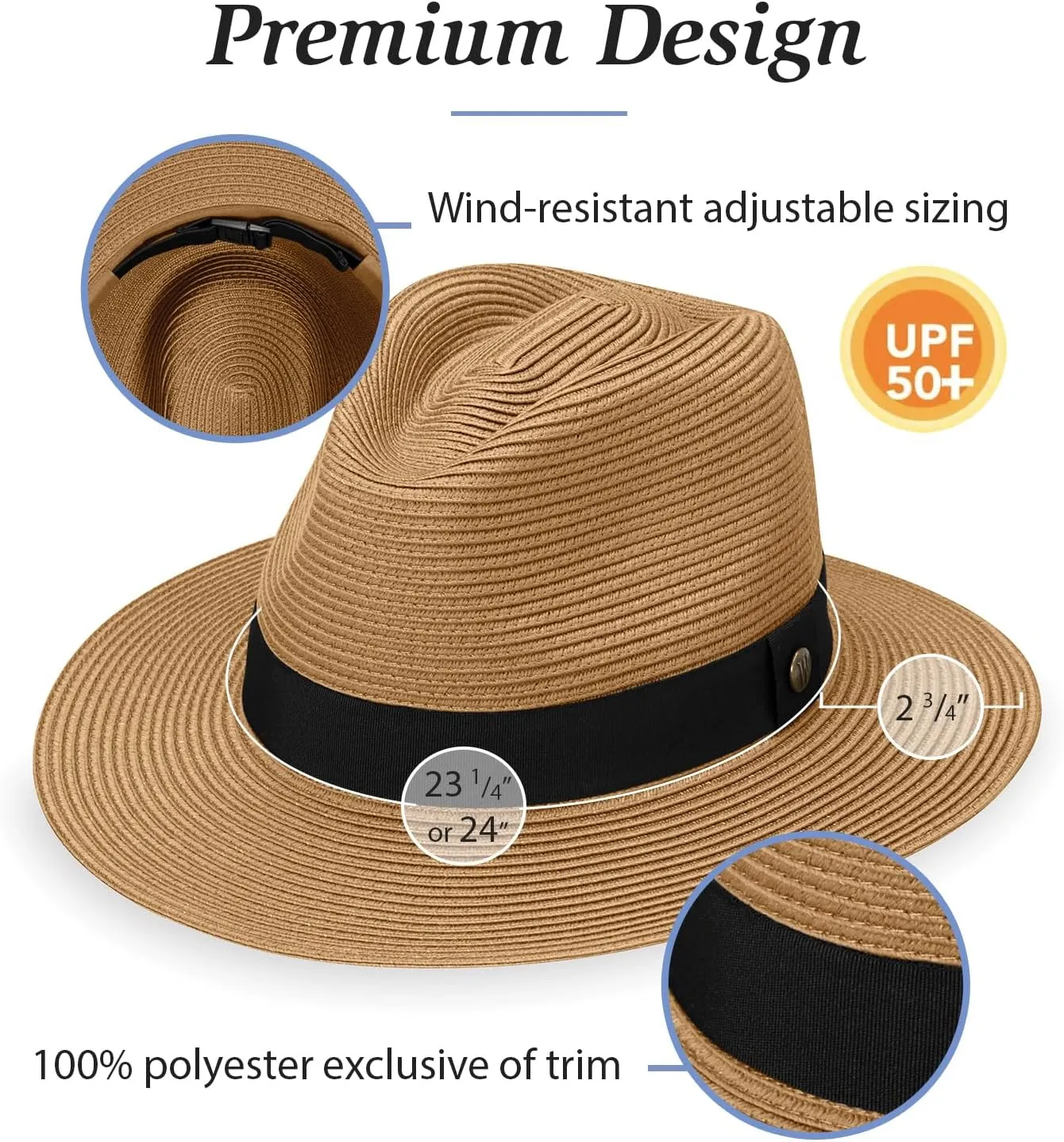 Wallaroo Hat Company Men’s Palm Beach Fedora – UPF 50  UV Sun Protection, Wide Brim Sun Hat, Packable Design, Adjustable Size