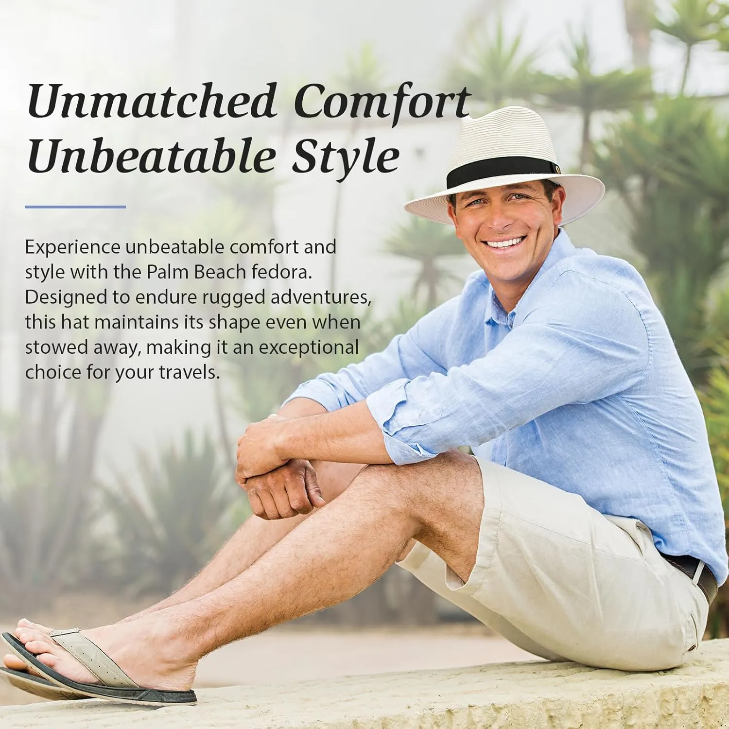 Wallaroo Hat Company Men’s Palm Beach Fedora – UPF 50  UV Sun Protection, Wide Brim Sun Hat, Packable Design, Adjustable Size