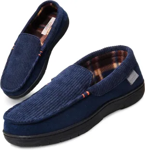 Weatherproof Vintage Venetian Corduroy Slippers for Men, Warm Moccasin-Style Indoor Outdoor House Shoes with Memory Foam, Fleece Lining, and Non-Slip Sole