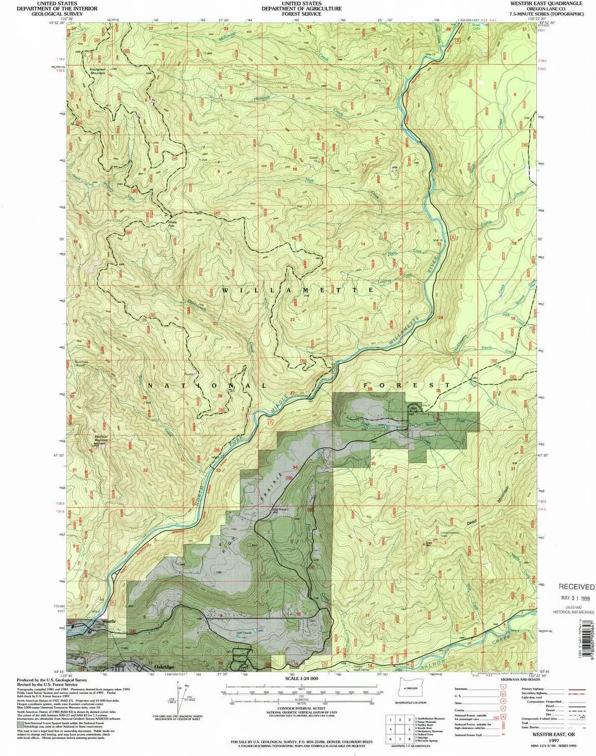 Westfir East OR topo map, 1:24000 Scale, 7.5 X 7.5 Minute, Historical, 1997, Updated 1998, 26.7 x 21.9 in