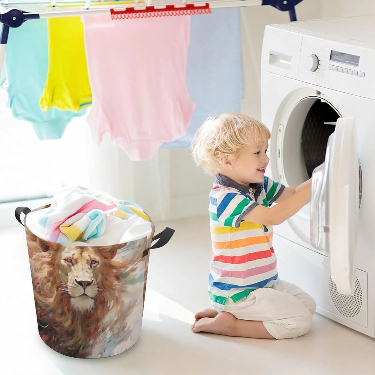 Wild Animals Laundry Basket, Ferocious Animal Collapsible Laundry Hamper, Waterproof Oxford Cloth Laundry Bag with Handles, Carnivore Clothes Toy Organizer Basket for Room, style-4