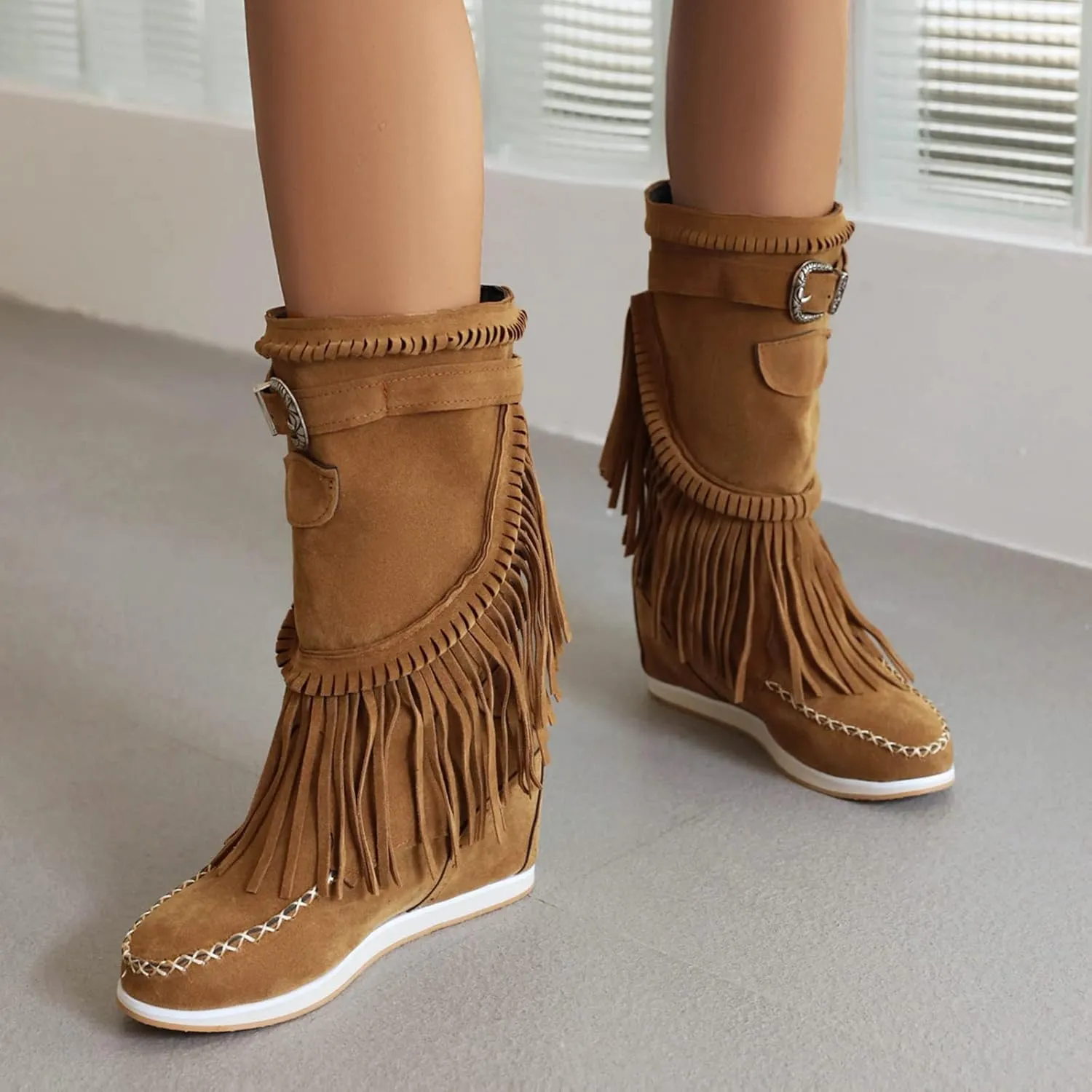 Women Mid Calf Slip On Wedge Moccasin Fringe Boots