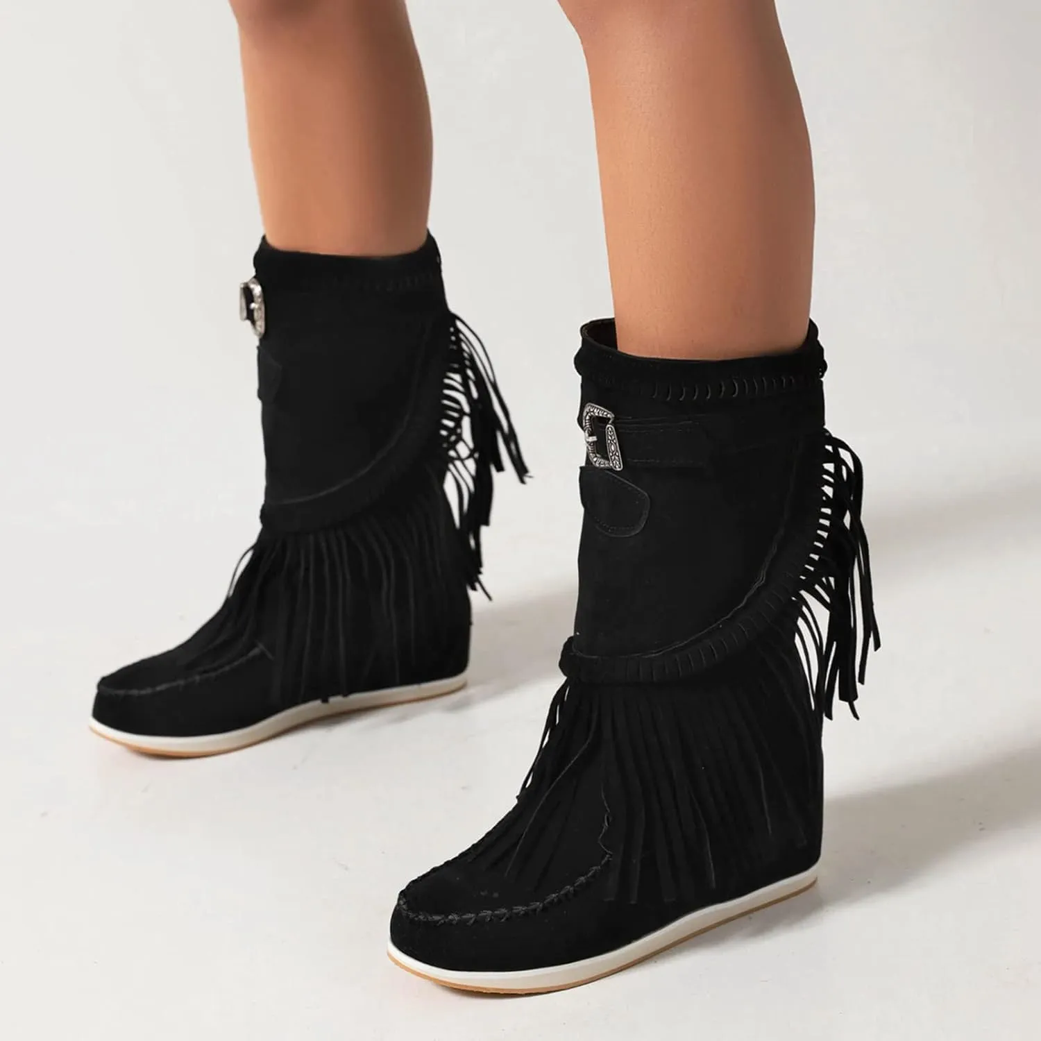 Women Mid Calf Slip On Wedge Moccasin Fringe Boots