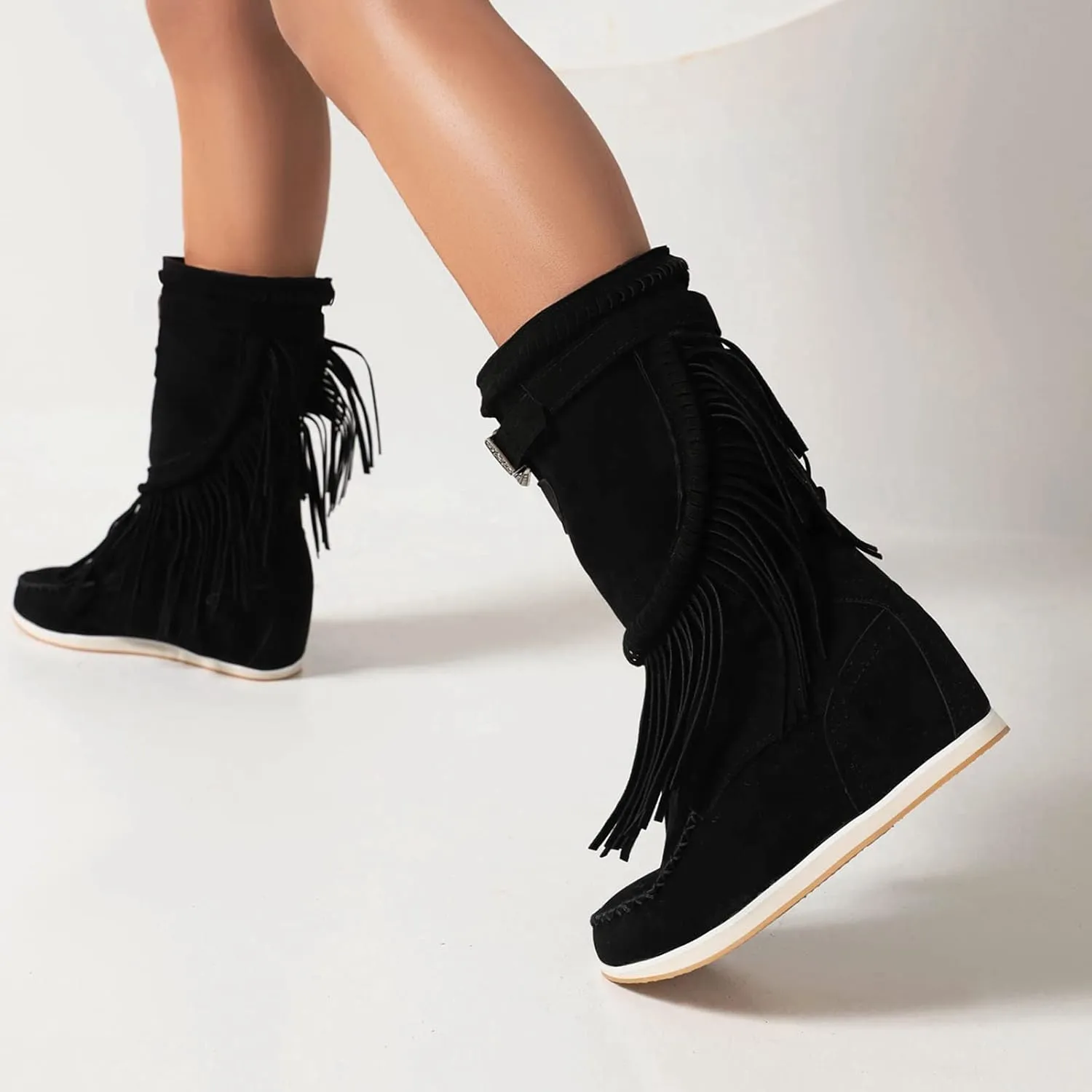 Women Mid Calf Slip On Wedge Moccasin Fringe Boots