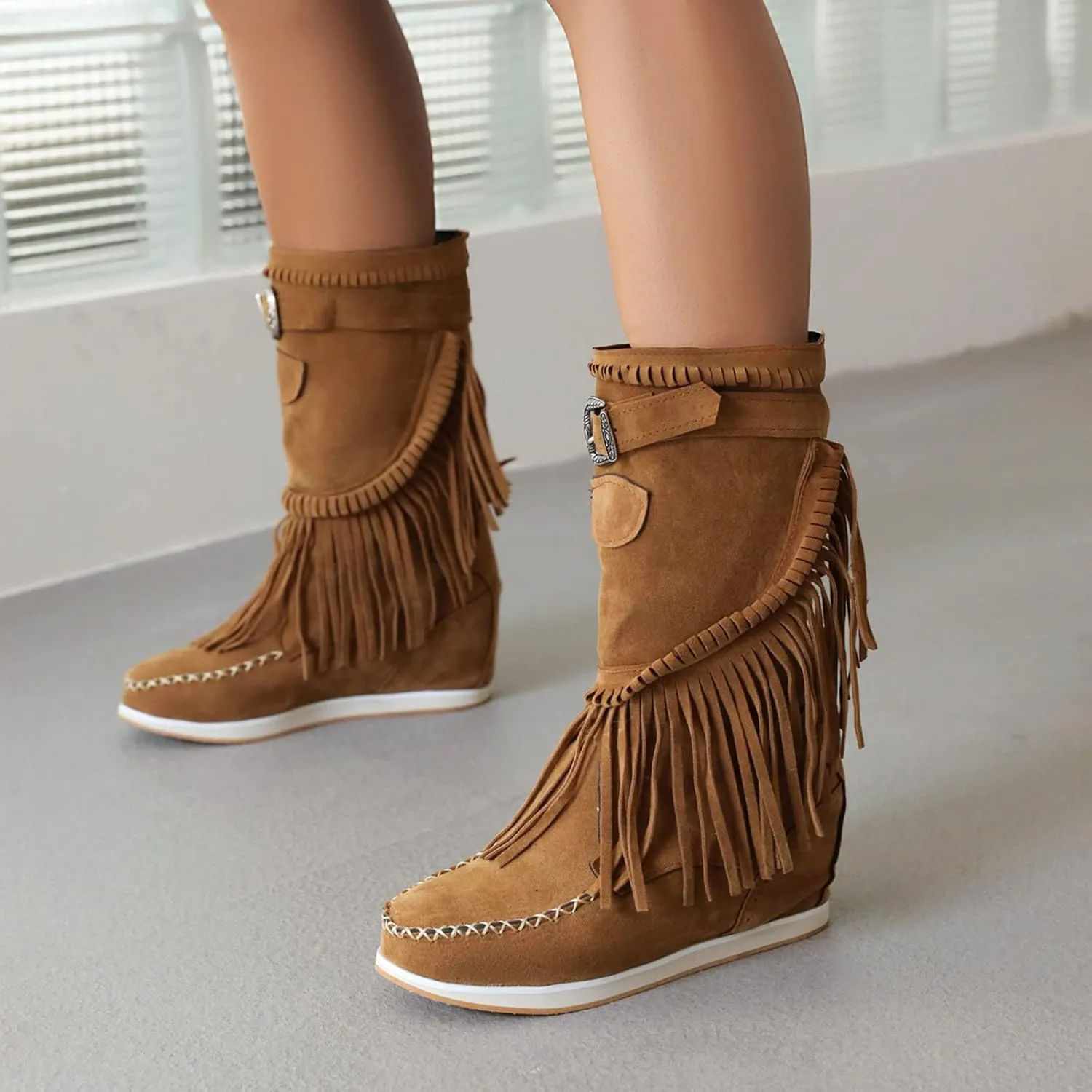 Women Mid Calf Slip On Wedge Moccasin Fringe Boots