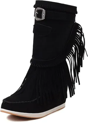 Women Mid Calf Slip On Wedge Moccasin Fringe Boots