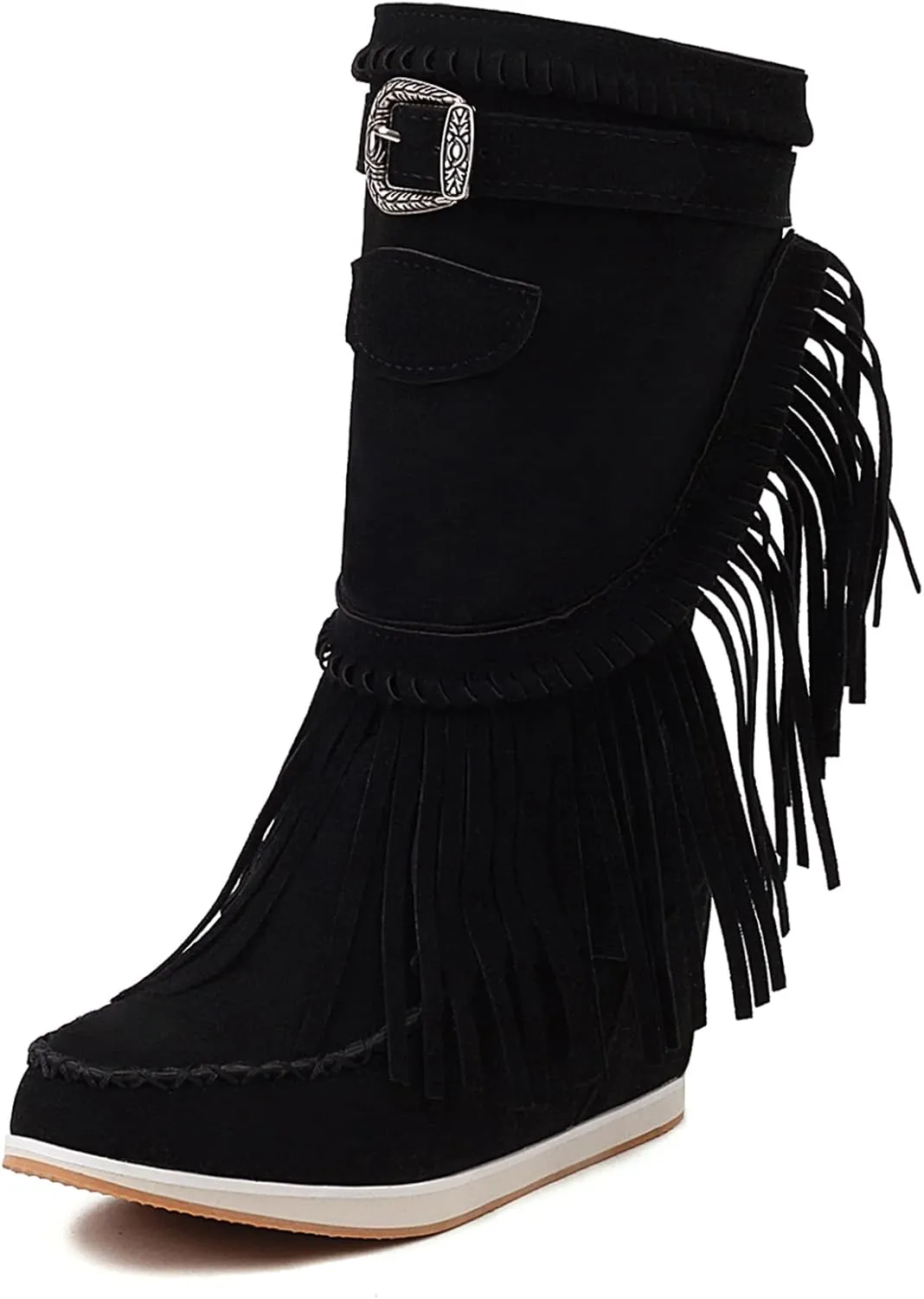 Women Mid Calf Slip On Wedge Moccasin Fringe Boots