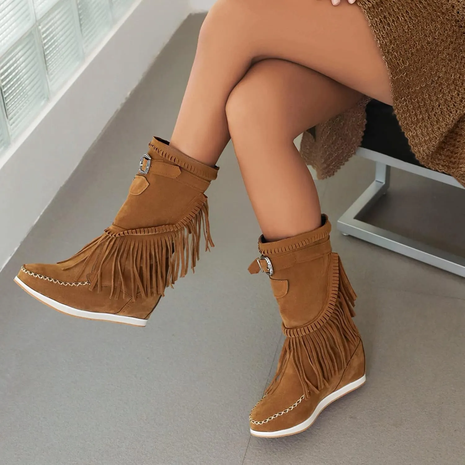 Women Mid Calf Slip On Wedge Moccasin Fringe Boots