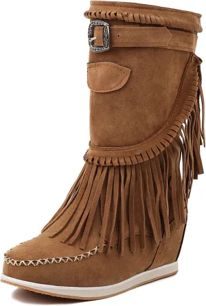 Women Mid Calf Slip On Wedge Moccasin Fringe Boots