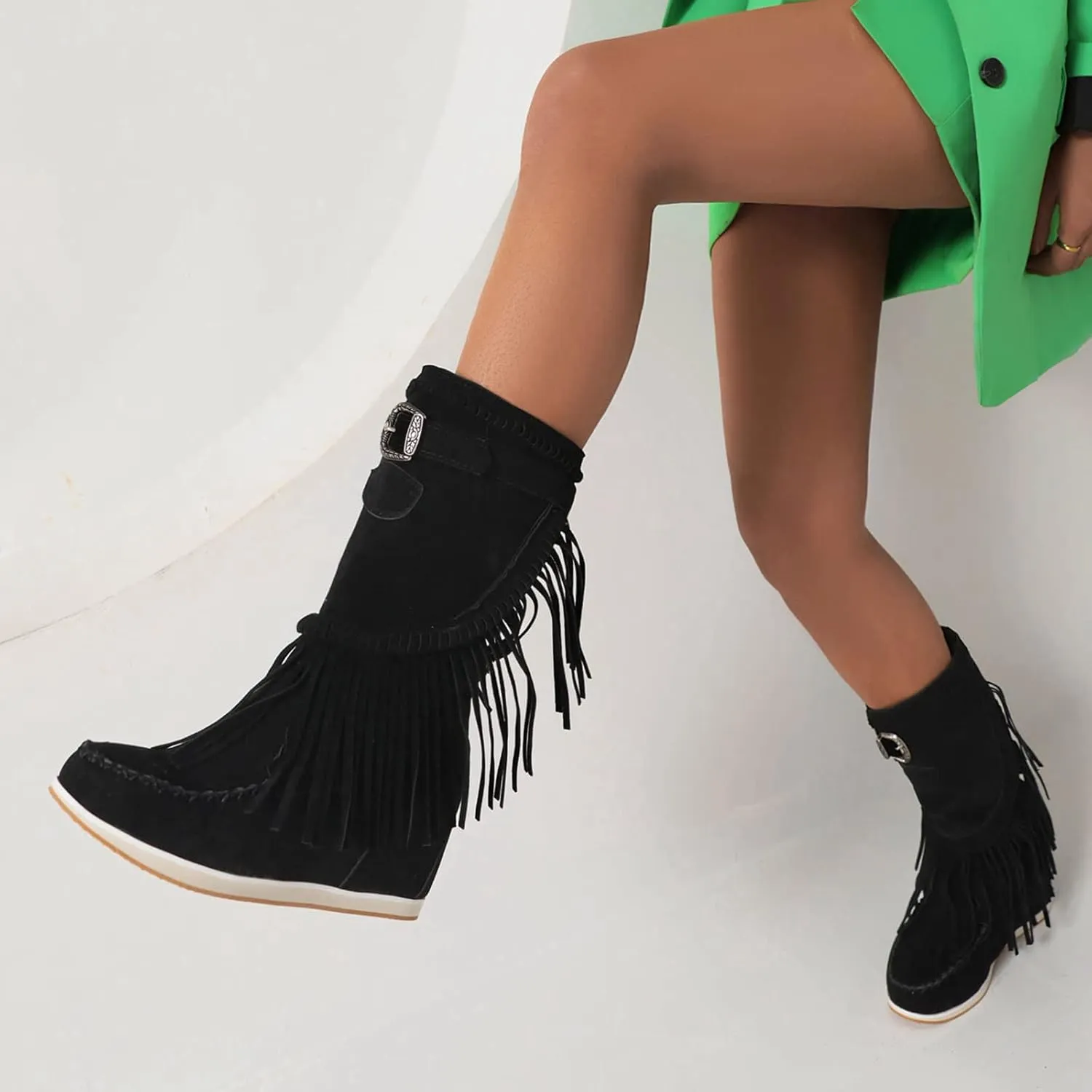 Women Mid Calf Slip On Wedge Moccasin Fringe Boots