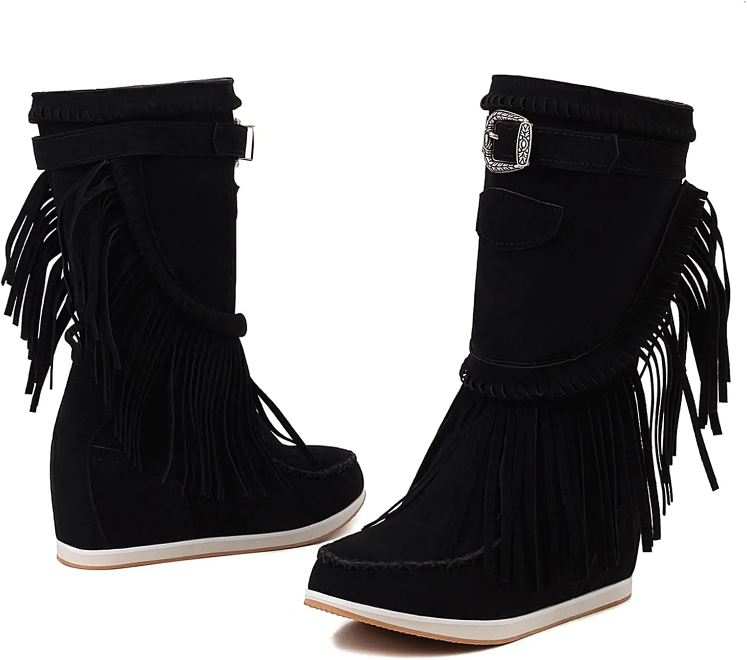 Women Mid Calf Slip On Wedge Moccasin Fringe Boots