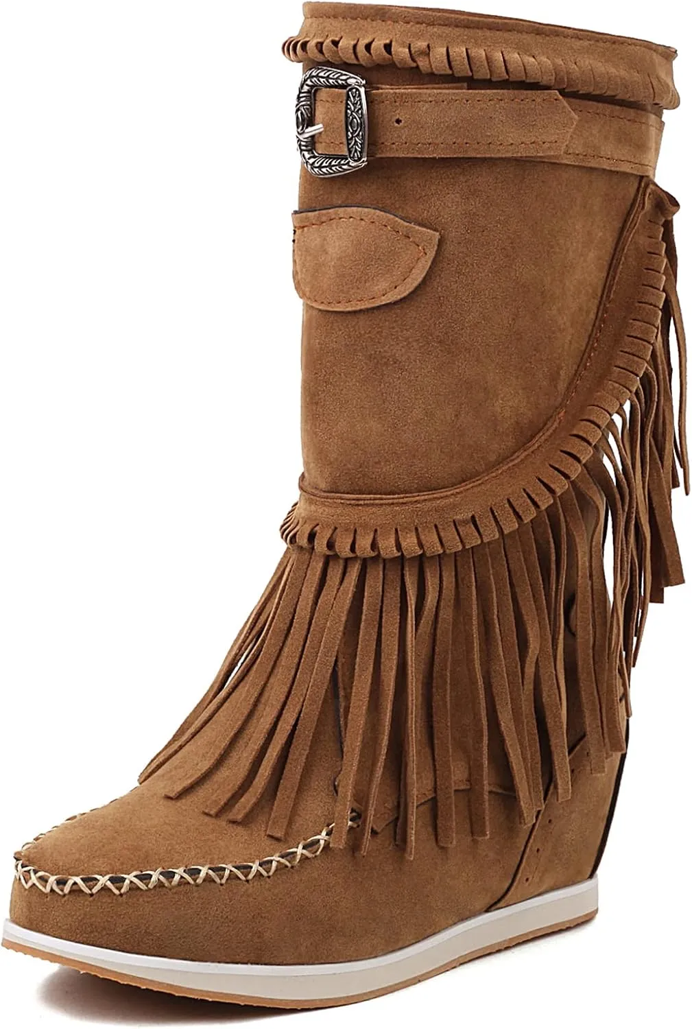 Women Mid Calf Slip On Wedge Moccasin Fringe Boots
